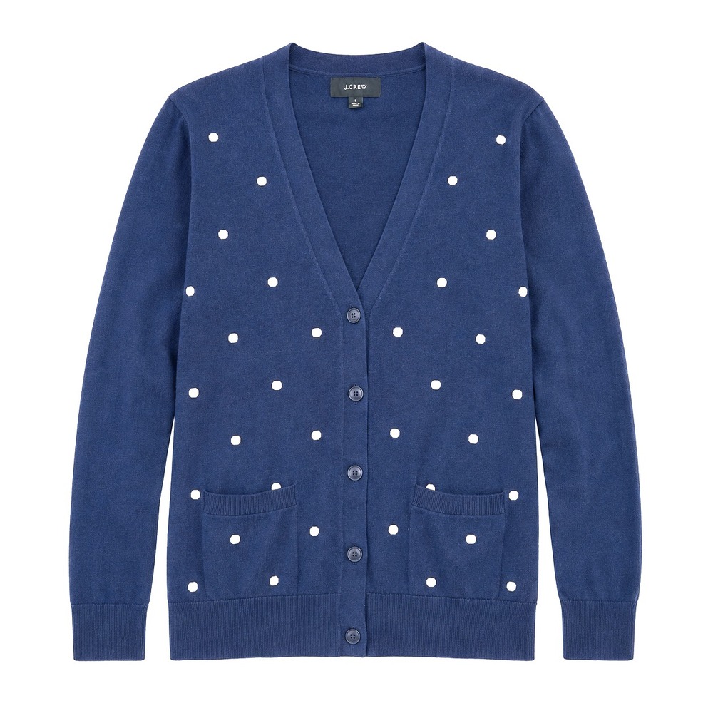 J Crew Boyfriend Cotton Cardigan Sweater Sz Small Navy Polka Dots Classic Preppy